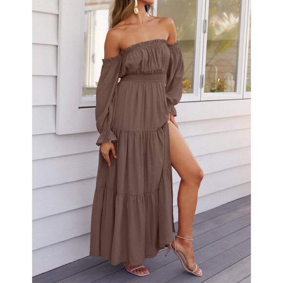 ZESICA Off Shoulder Smocked High Waist Side Split Maxi Dress in Coffee - Picture 3 of 16